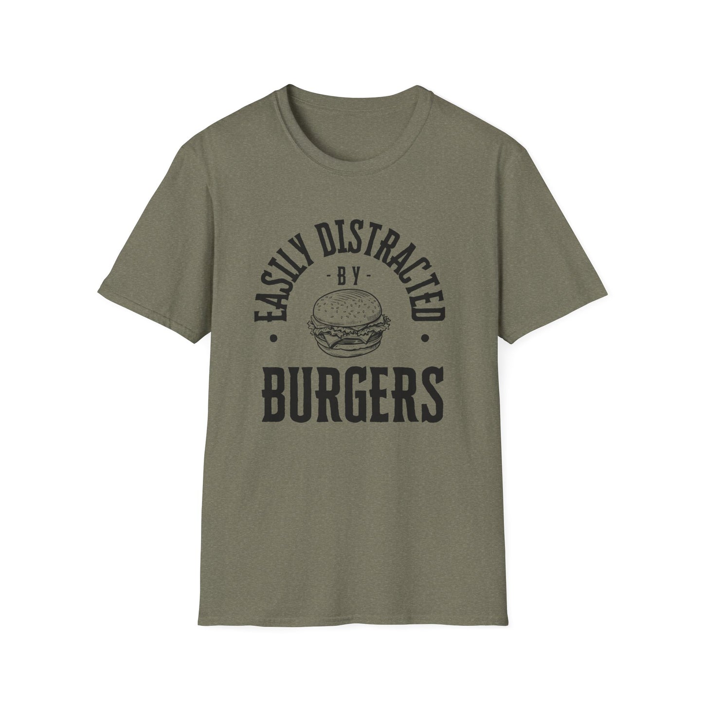 Easily Distracted by Burgers Unisex Softstyle T-Shirt, Perfect for Food Lovers, Casual Wear, Gift for Chefs, Burger Enthusiasts