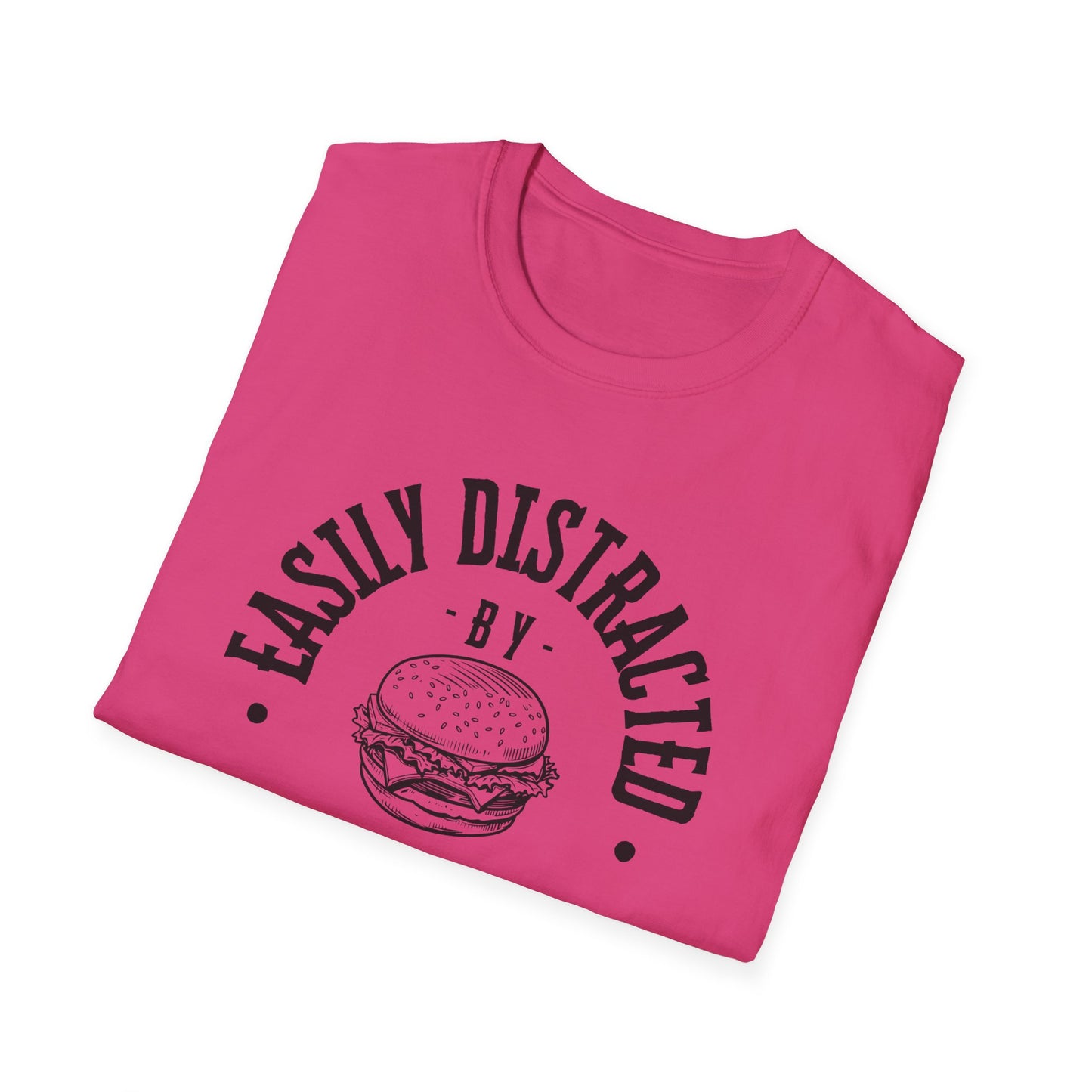 Easily Distracted by Burgers Unisex Softstyle T-Shirt, Perfect for Food Lovers, Casual Wear, Gift for Chefs, Burger Enthusiasts
