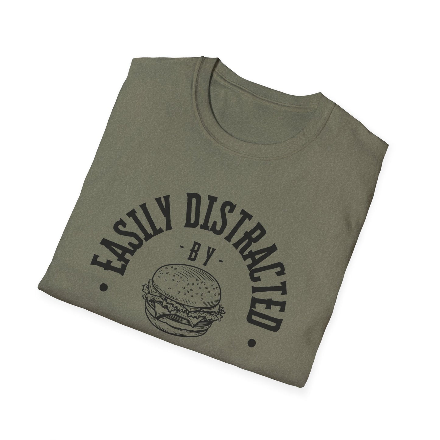 Easily Distracted by Burgers Unisex Softstyle T-Shirt, Perfect for Food Lovers, Casual Wear, Gift for Chefs, Burger Enthusiasts