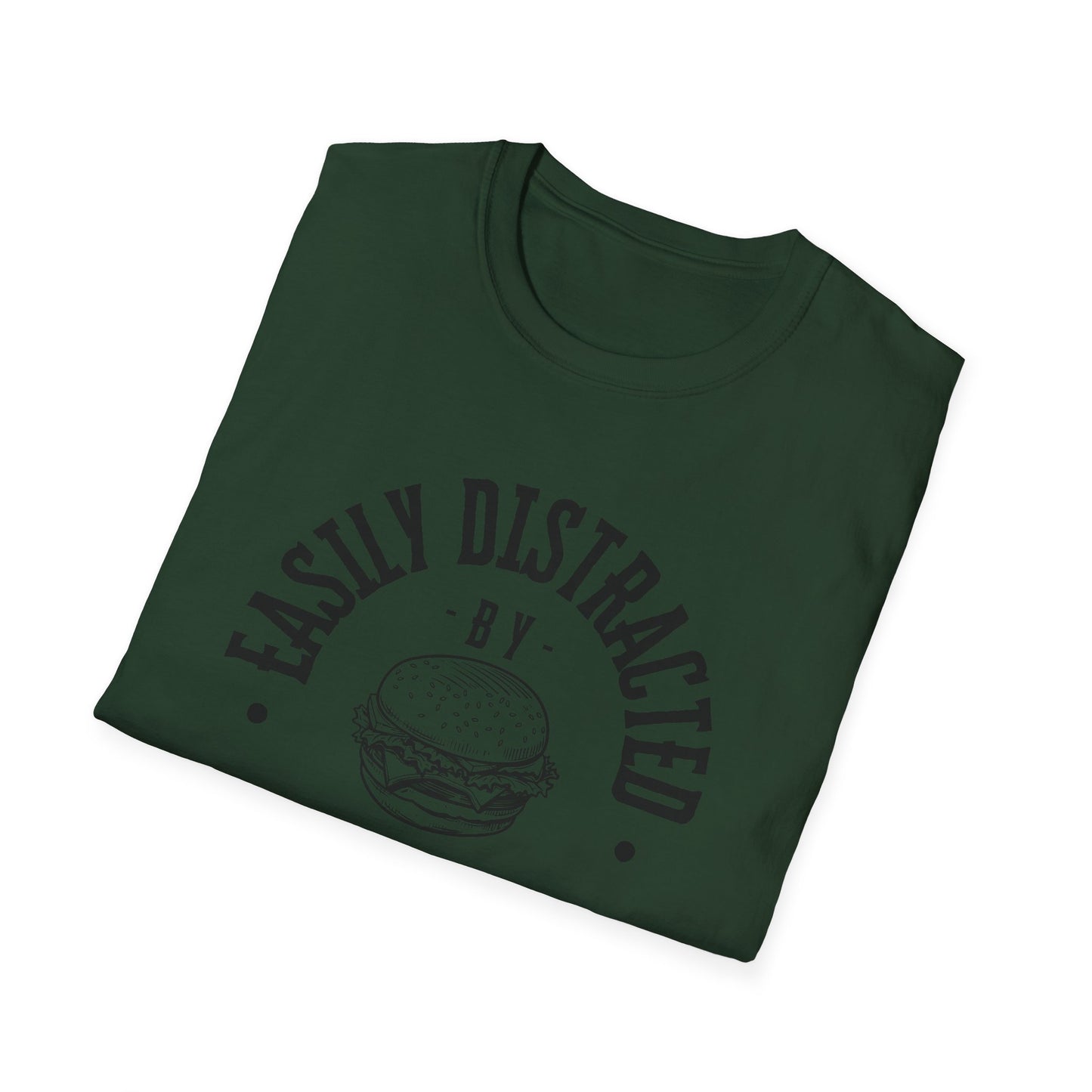 Easily Distracted by Burgers Unisex Softstyle T-Shirt, Perfect for Food Lovers, Casual Wear, Gift for Chefs, Burger Enthusiasts