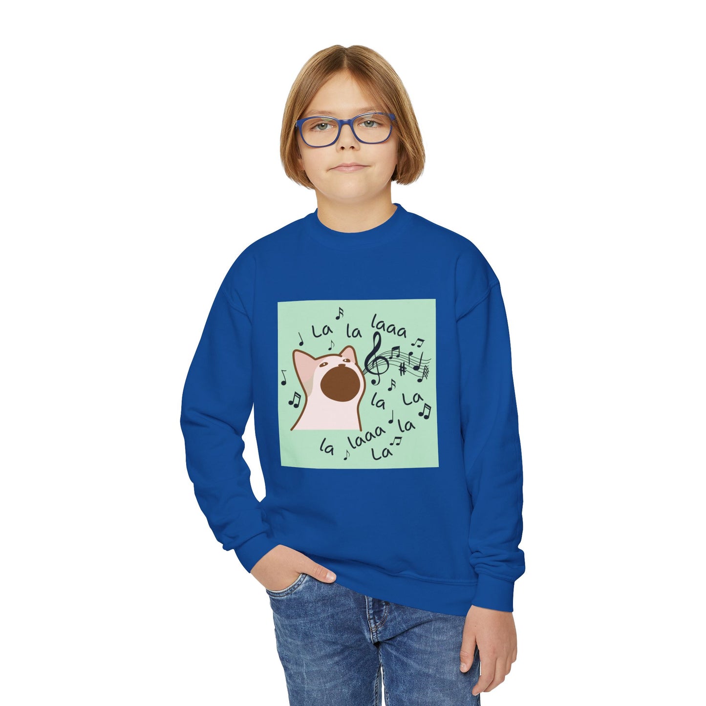 Musical Cat Youth Crewneck Sweatshirt, Fun Gift for Kids, Cozy Music Lover Apparel, Perfect for Birthdays, Holidays