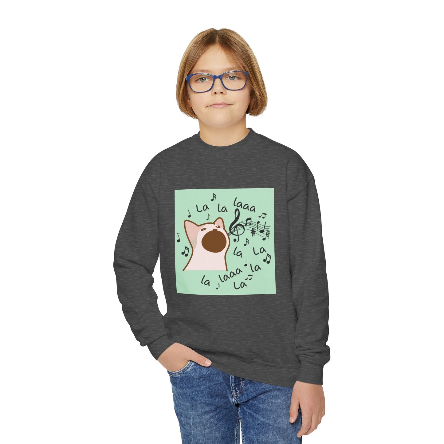 Musical Cat Youth Crewneck Sweatshirt, Fun Gift for Kids, Cozy Music Lover Apparel, Perfect for Birthdays, Holidays