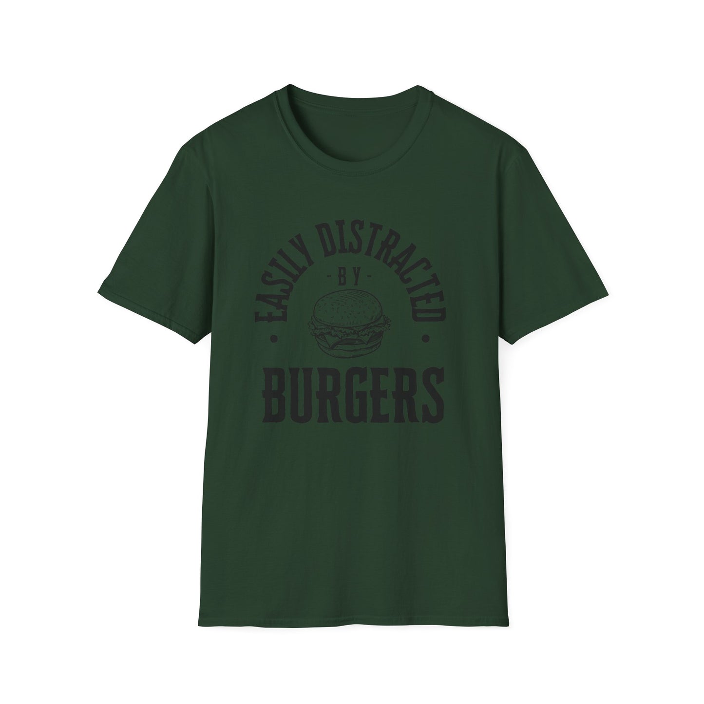 Easily Distracted by Burgers Unisex Softstyle T-Shirt, Perfect for Food Lovers, Casual Wear, Gift for Chefs, Burger Enthusiasts