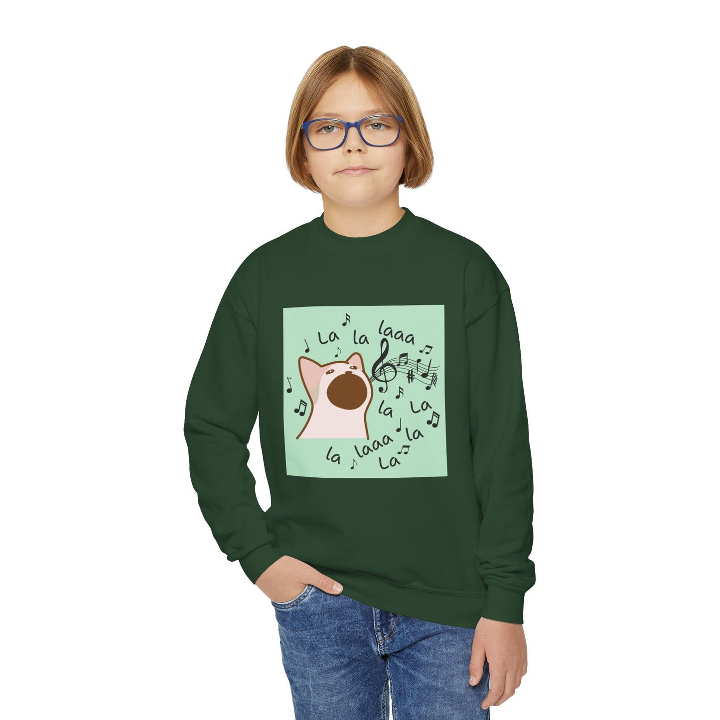 Musical Cat Youth Crewneck Sweatshirt, Fun Gift for Kids, Cozy Music Lover Apparel, Perfect for Birthdays, Holidays