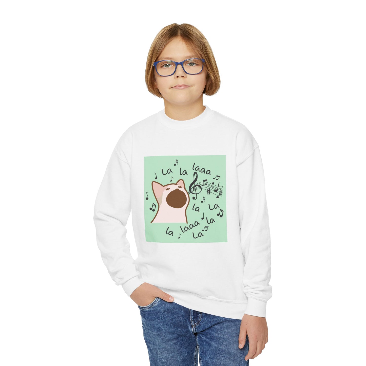Musical Cat Youth Crewneck Sweatshirt, Fun Gift for Kids, Cozy Music Lover Apparel, Perfect for Birthdays, Holidays