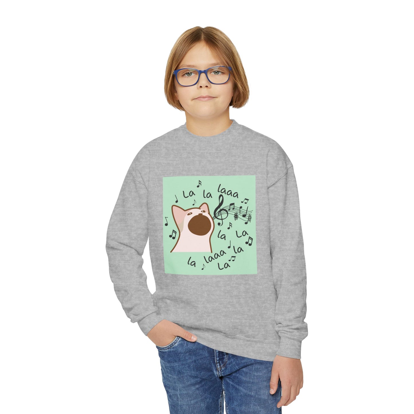 Musical Cat Youth Crewneck Sweatshirt, Fun Gift for Kids, Cozy Music Lover Apparel, Perfect for Birthdays, Holidays