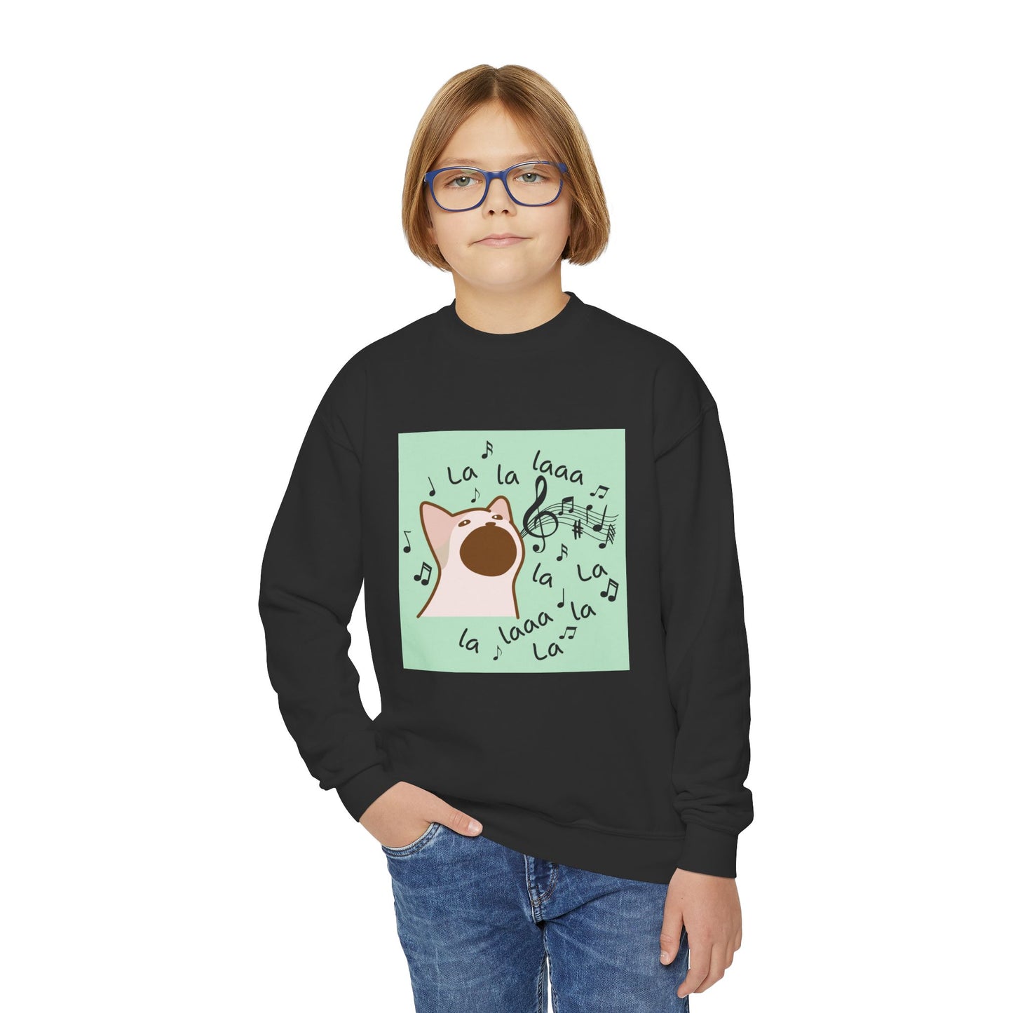 Musical Cat Youth Crewneck Sweatshirt, Fun Gift for Kids, Cozy Music Lover Apparel, Perfect for Birthdays, Holidays
