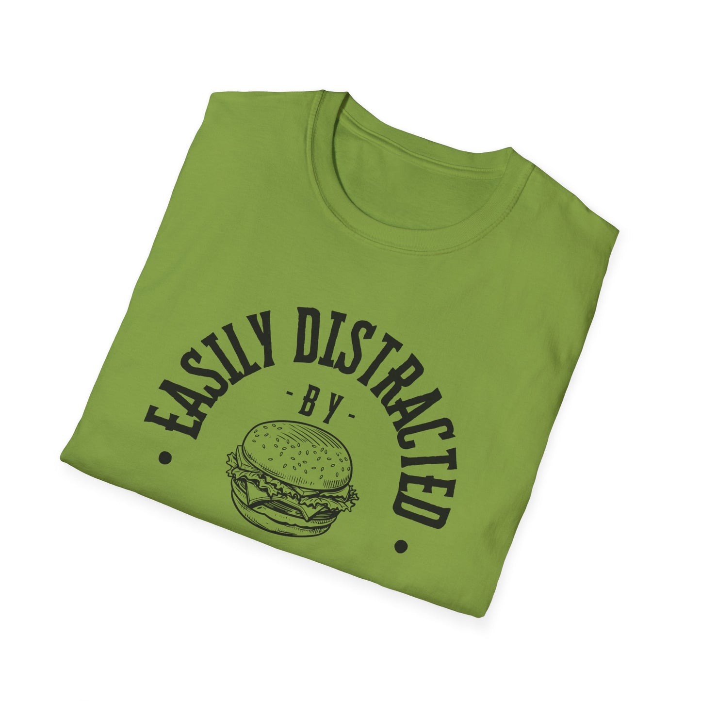 Easily Distracted by Burgers Unisex Softstyle T-Shirt, Perfect for Food Lovers, Casual Wear, Gift for Chefs, Burger Enthusiasts